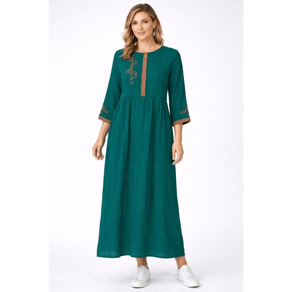 Women's Cotton Blend Green Embroidered Placket A-Line Dress XL #1695-B5